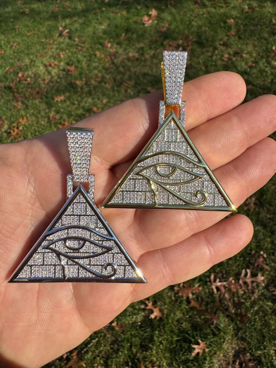 MOISSANITE Illuminati Eye Masonic Pyramid Medallion Pendant - 14k Gold Vermeil Or 925 Silver  - Medium 2.25"