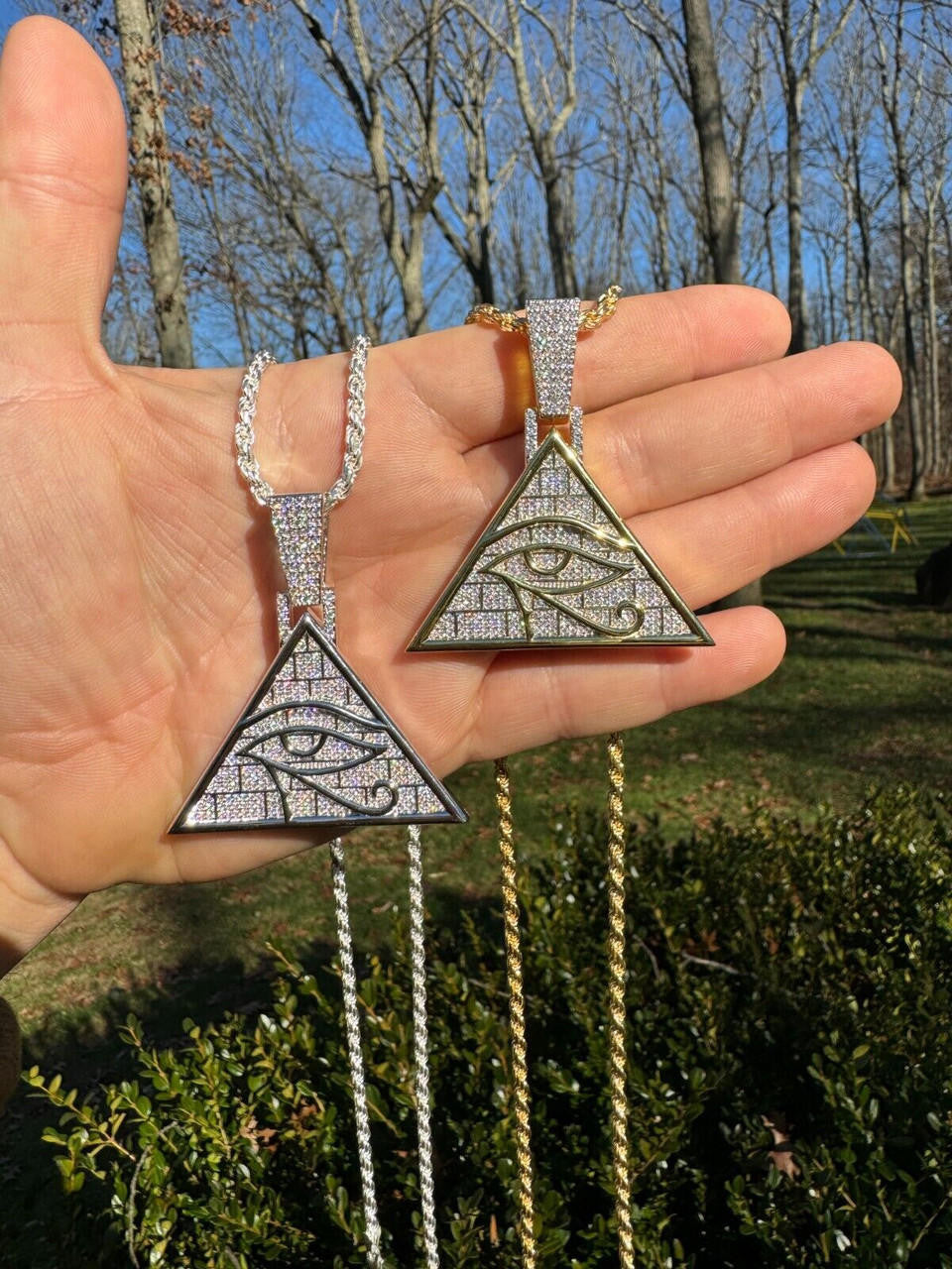 MOISSANITE Illuminati Eye Masonic Pyramid Medallion Pendant - 14k Gold Vermeil Or 925 Silver  - Medium 2.25"