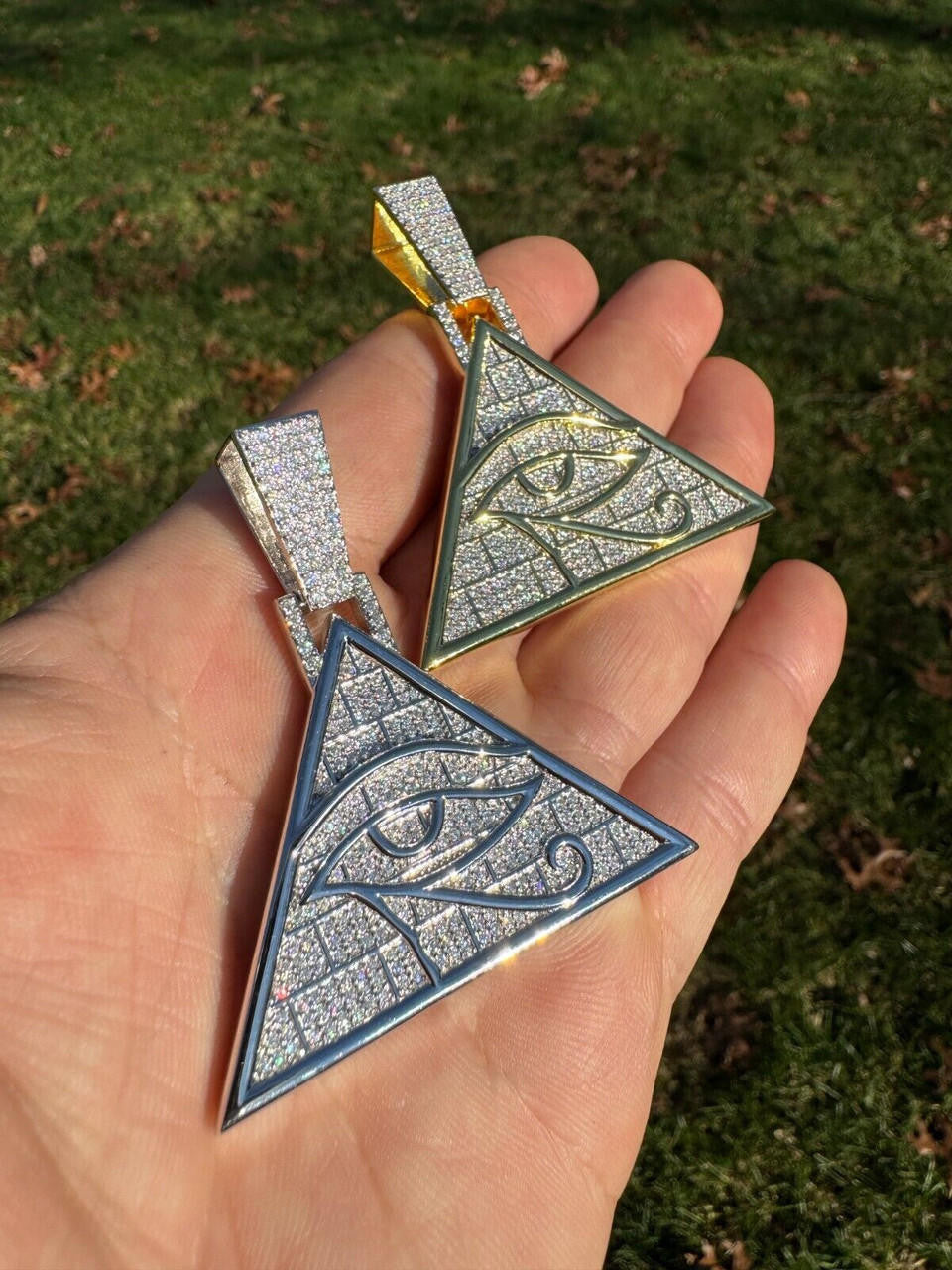 MOISSANITE Illuminati Eye Masonic Pyramid Medallion Pendant - 14k Gold Vermeil Or 925 Silver  - Medium 2.25"