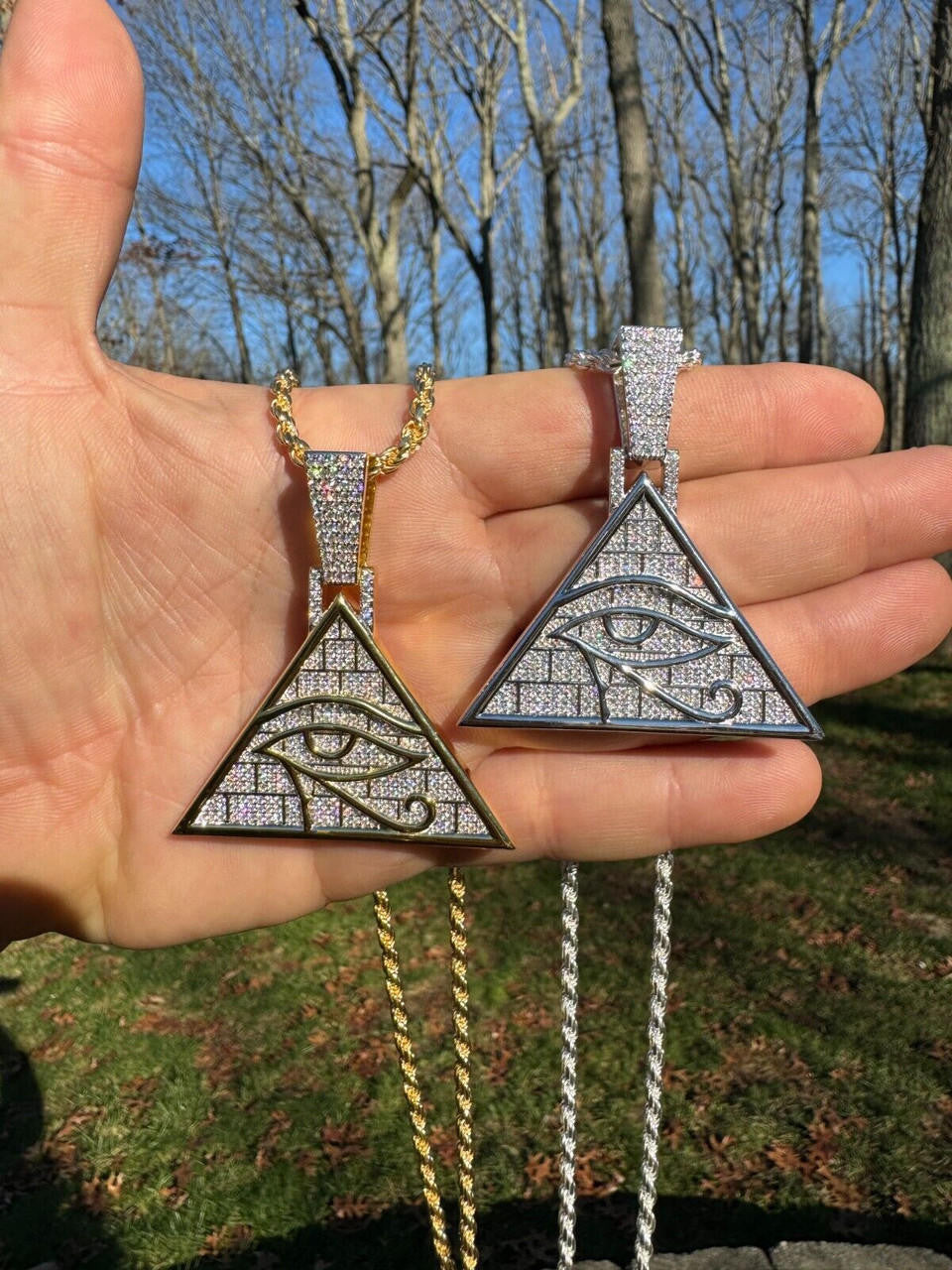 MOISSANITE Illuminati Eye Masonic Pyramid Medallion Pendant - 14k Gold Vermeil Or 925 Silver  - Medium 2.25"