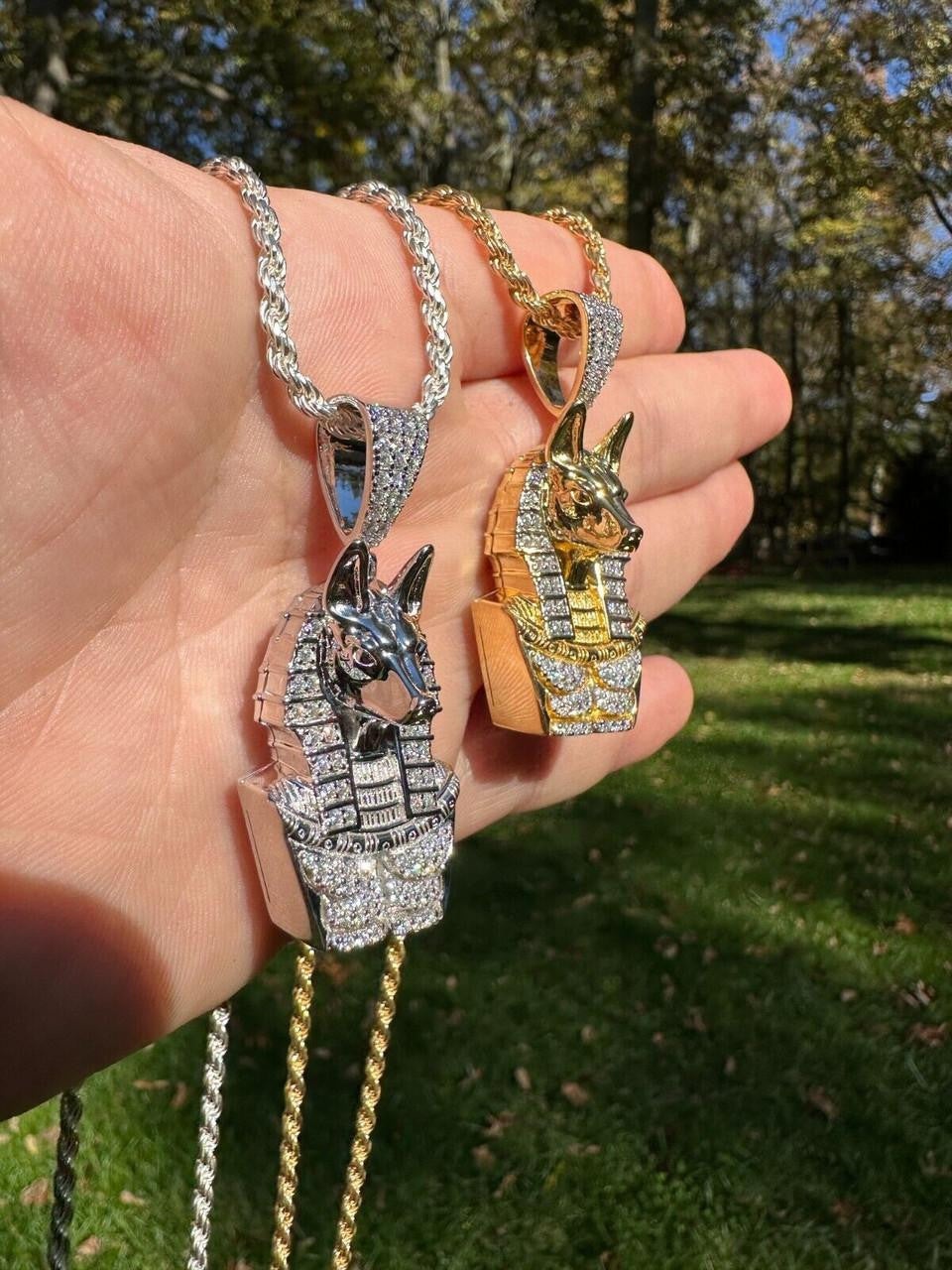MOISSANITE Anubis Ancient Egyptian Pendant - 14k Gold Vermeil Or 925 Silver - Medium 2"