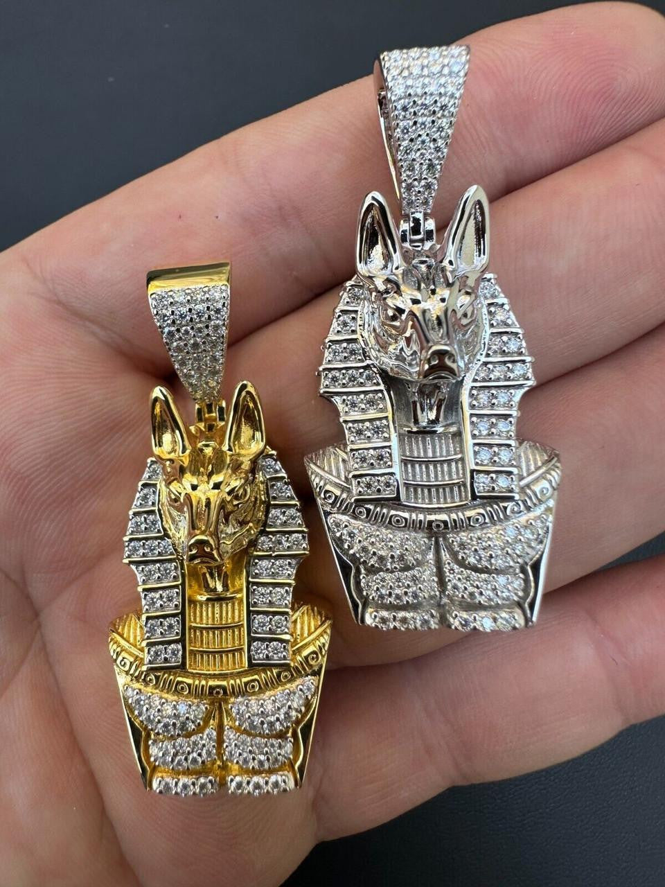 MOISSANITE Anubis Ancient Egyptian Pendant - 14k Gold Vermeil Or 925 Silver - Medium 2"