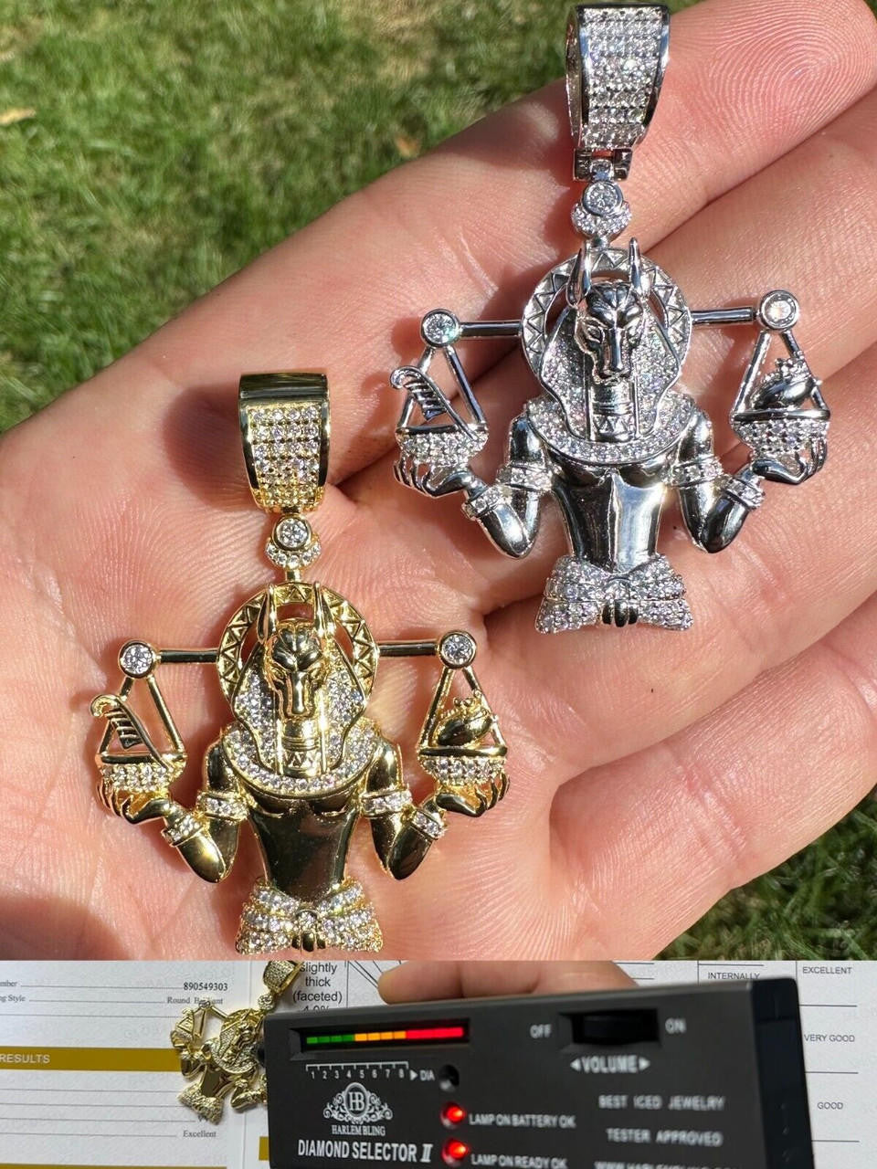 MOISSANITE Anubis Egyptian Pharoah Pendant - 14k Gold Vermeil Or 925 Silver - Medium 2"