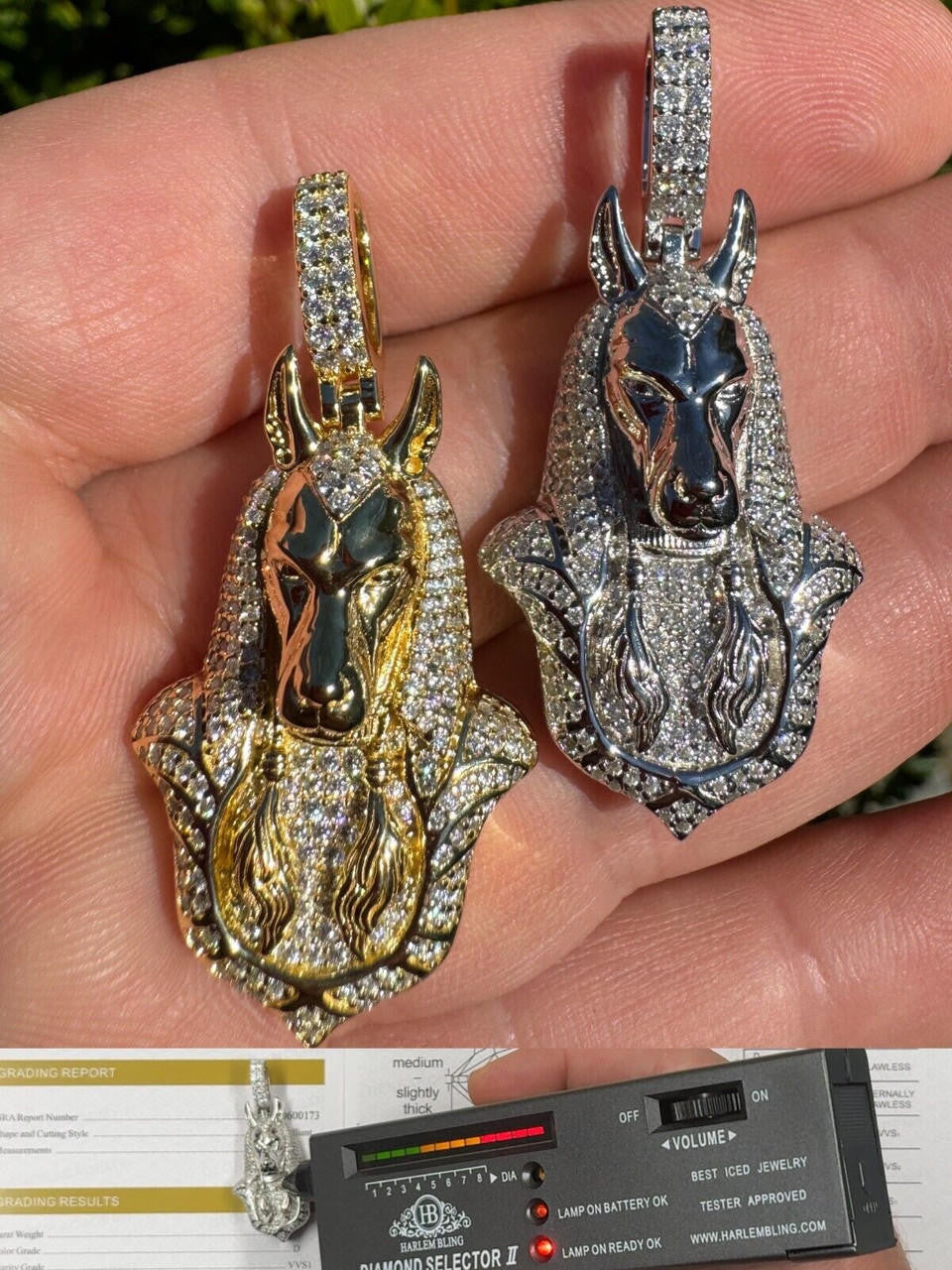 MOISSANITE Anubis Pendant Egyptian Pendant - 14k Gold Vermeil Or 925 Silver - Medium 2"