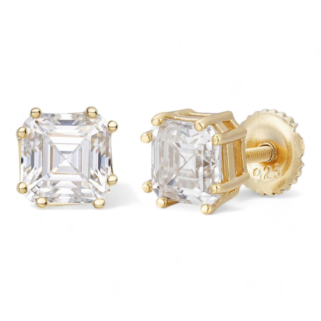 MOISSANITE Asscher Cut Square Solitaire Stud Earrings - 14k Gold Vermeil 925 Silver - 4mm-8mm - 0.7-6ct