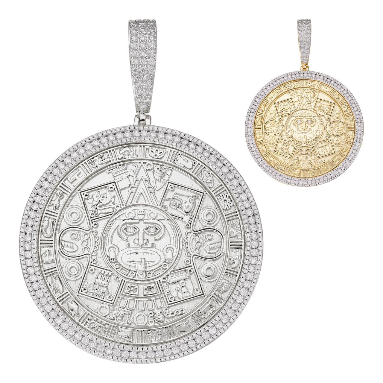 MOISSANITE Aztec Mayan Calendar Sun God Pendant - 14k Gold Vermeil Or 925 Silver - Large 2.5"