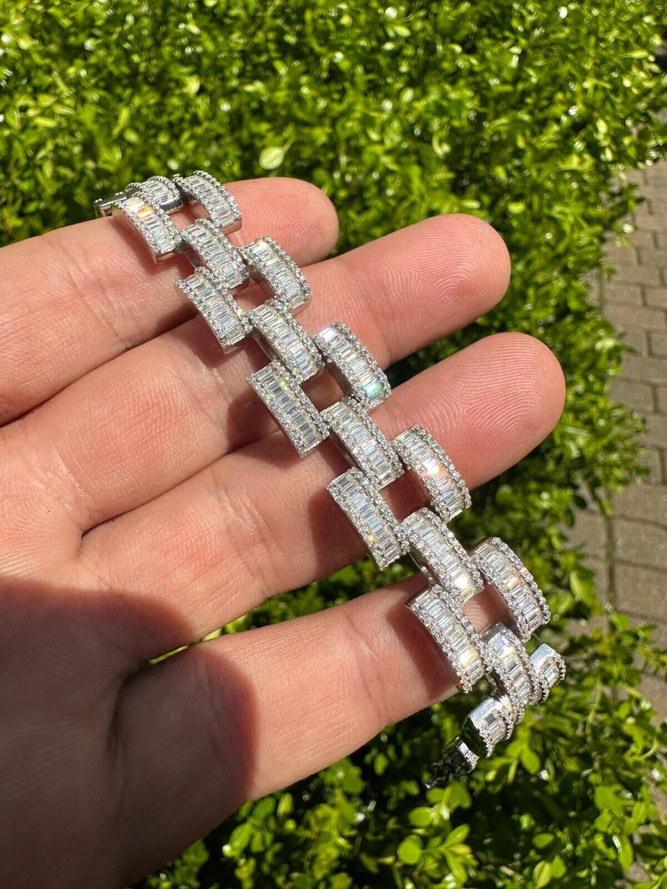 MOISSANITE Baguette Cartier Custom Link Bracelet Iced Out - 925 Silver - 14mm - 7" - 8.5"
