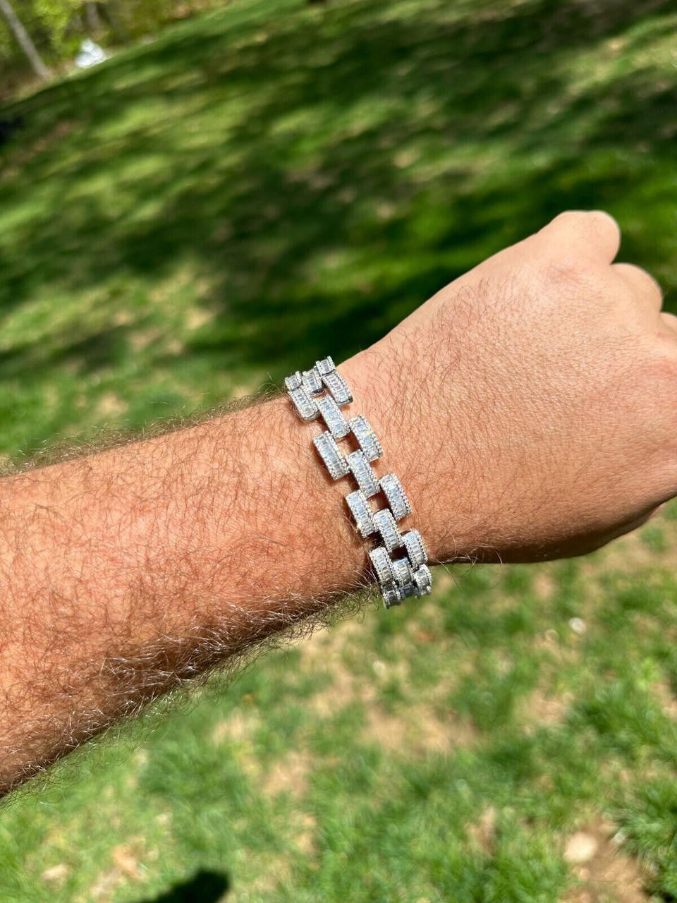MOISSANITE Baguette Cartier Custom Link Bracelet Iced Out - 925 Silver - 14mm - 7" - 8.5"