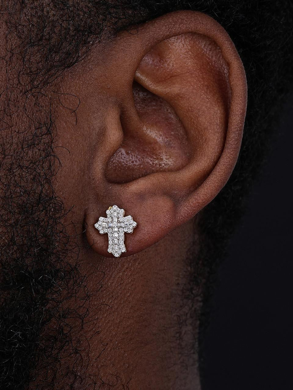 MOISSANITE Baguette Gothic Cross Iced Out Earrings - 14k Gold Vermeil 925 Silver - 11x15mm