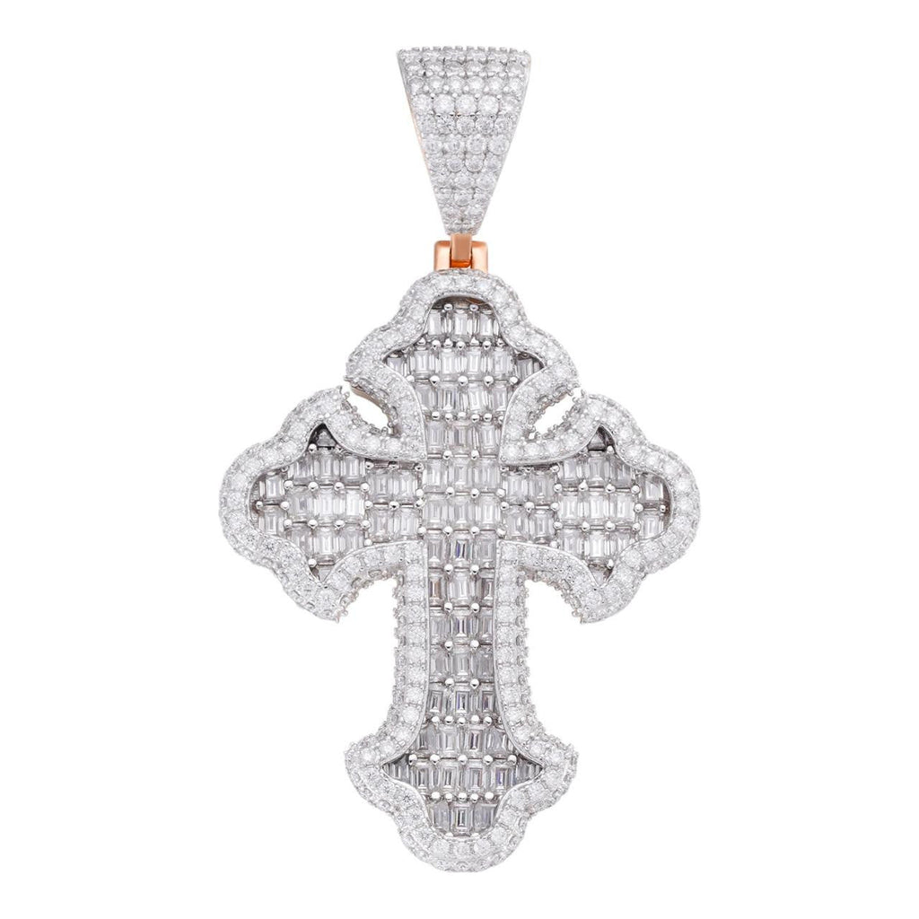 MOISSANITE Baguette Gothic Tupac Cross Pendant - 14k Rose Gold Vermeil 925 Silver - 3 Sizes 1.5"-2.75"