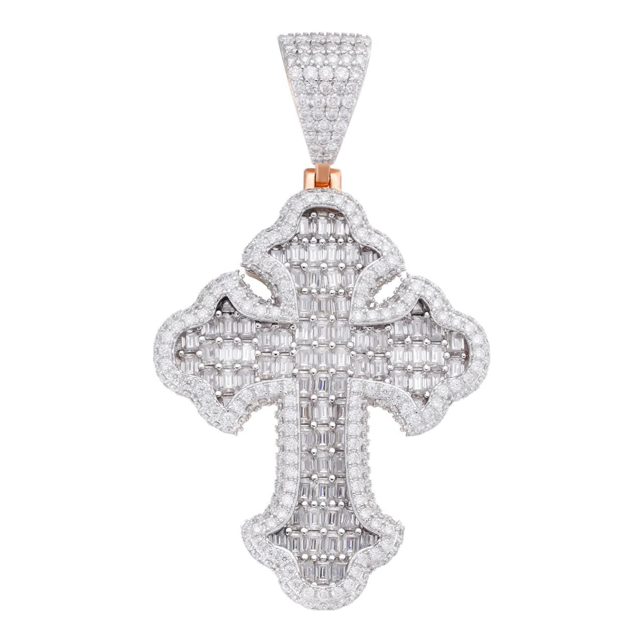 MOISSANITE Baguette Gothic Tupac Cross Pendant - 14k Rose Gold Vermeil 925 Silver - 3 Sizes 1.5"-2.75"