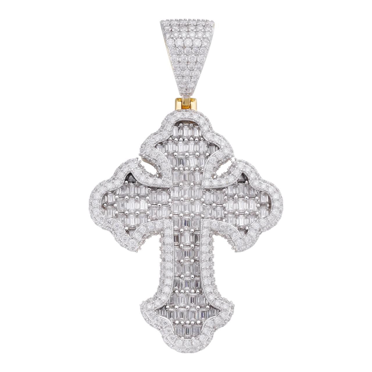 MOISSANITE Baguette Gothic Tupac Cross Pendant - 14k Gold Vermeil 925 Silver - 3 Sizes 1.5"-2.75"