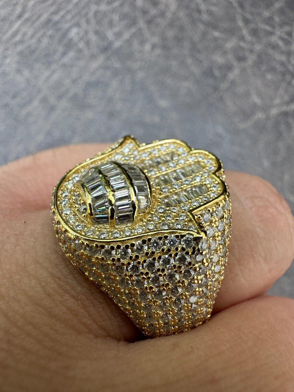 MOISSANITE Hamsa Hand Baguette Iced Out Ring - 14k Gold Vermeil 925 Silver