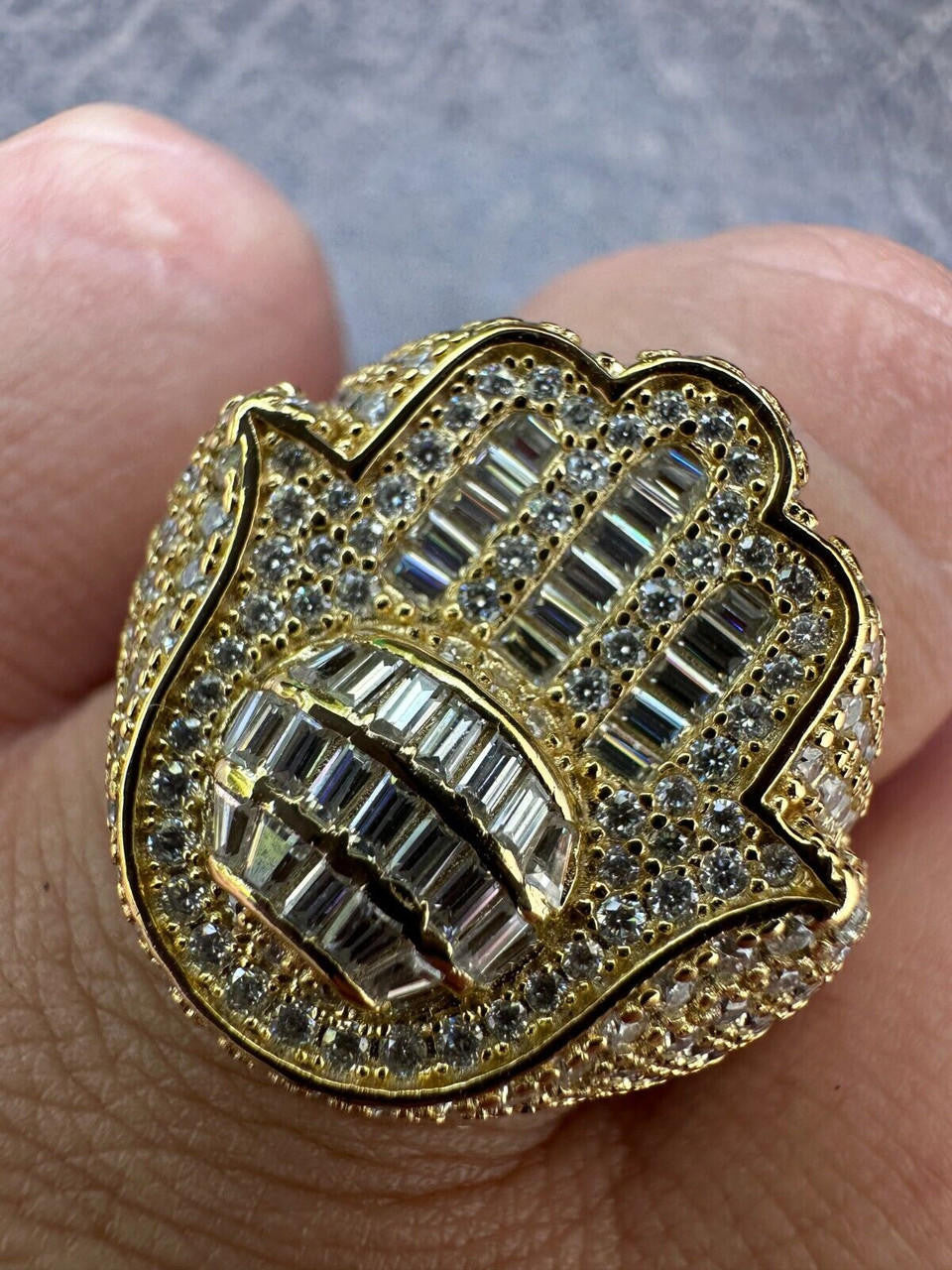 MOISSANITE Hamsa Hand Baguette Iced Out Ring - 14k Gold Vermeil 925 Silver