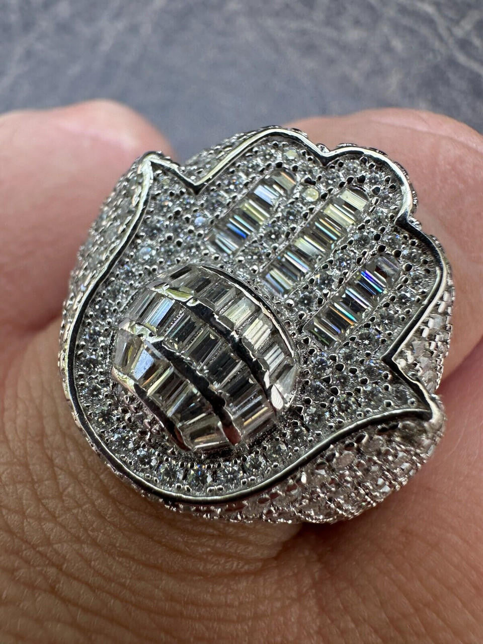 MOISSANITE Hamsa Hand Baguette Iced Out Ring - 925 Silver