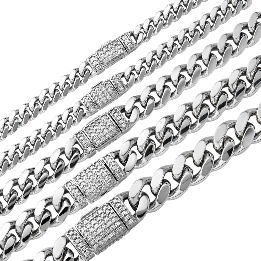 MOISSANITE Baguette Iced Clasp Miami Cuban Link Chain Necklace - 925 Silver - 16"-30" - 5mm-12mm