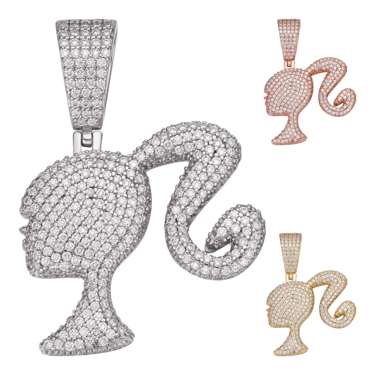 MOISSANITE Barbie Doll Iced Out Pendant - 14k Yellow/Rose Gold Vermeil or 925 Silver - Small 1.25"