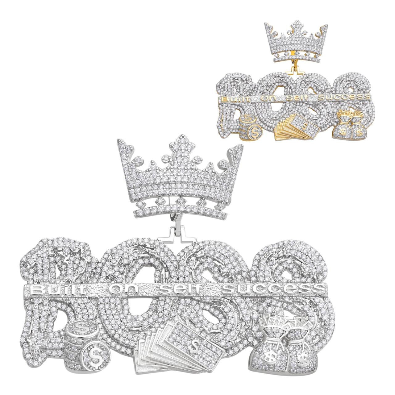 MOISSANITE "Built On Self Success" Iced Out BOSS Pendant - 14k Gold Vermeil or 925 Silver - Large 2.5"
