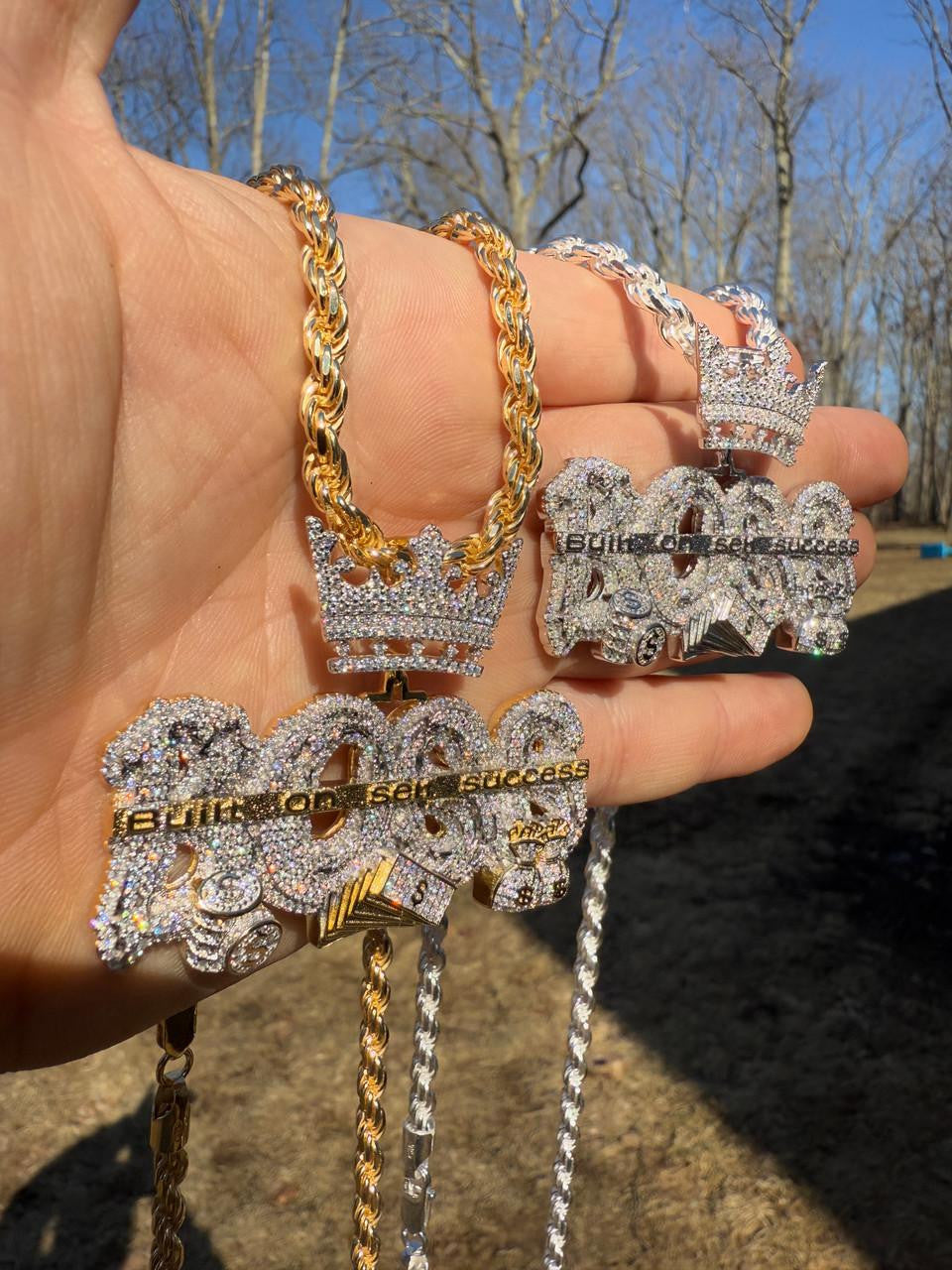 MOISSANITE "Built On Self Success" Iced Out BOSS Pendant - 14k Gold Vermeil or 925 Silver - Large 2.5"