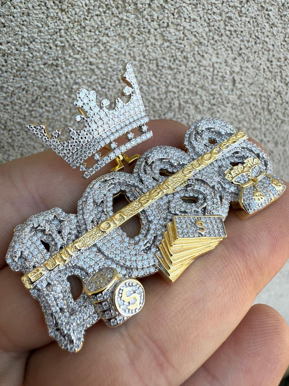 MOISSANITE "Built On Self Success" Iced Out BOSS Pendant - 14k Gold Vermeil or 925 Silver - Large 2.5"
