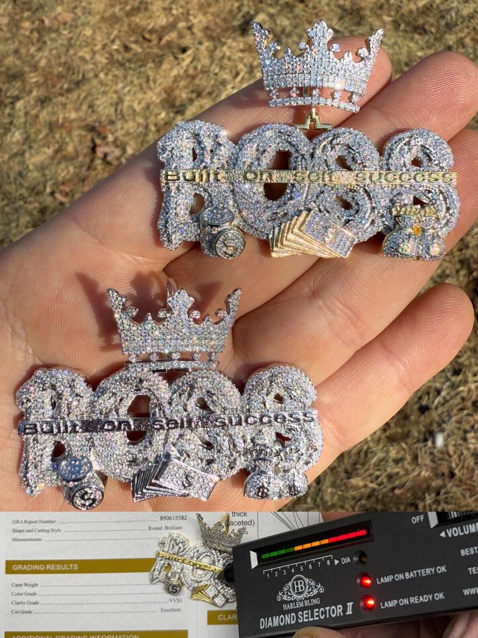 MOISSANITE "Built On Self Success" Iced Out BOSS Pendant - 14k Gold Vermeil or 925 Silver - Large 2.5"