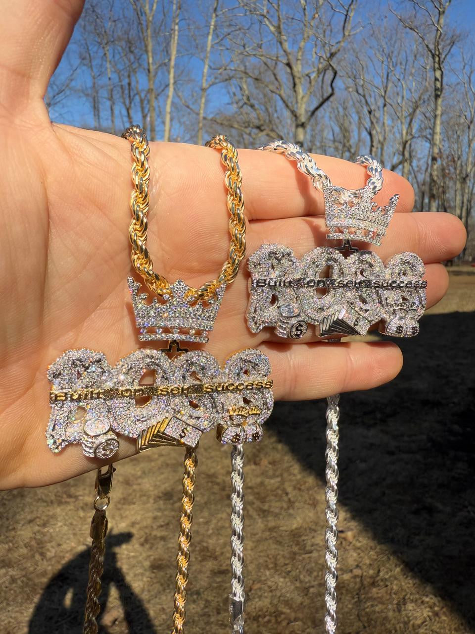 MOISSANITE "Built On Self Success" Iced Out BOSS Pendant - 14k Gold Vermeil or 925 Silver - Large 2.5"