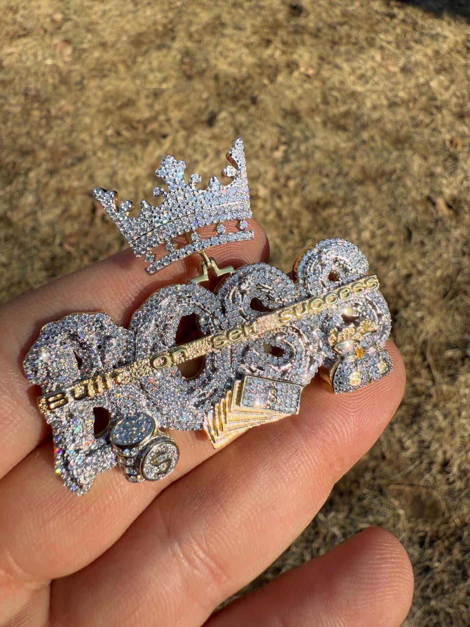 MOISSANITE "Built On Self Success" Iced Out BOSS Pendant - 14k Gold Vermeil or 925 Silver - Large 2.5"