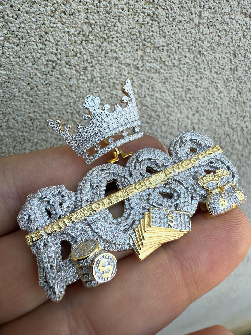 MOISSANITE "Built On Self Success" Iced Out BOSS Pendant - 14k Gold Vermeil or 925 Silver - Large 2.5"