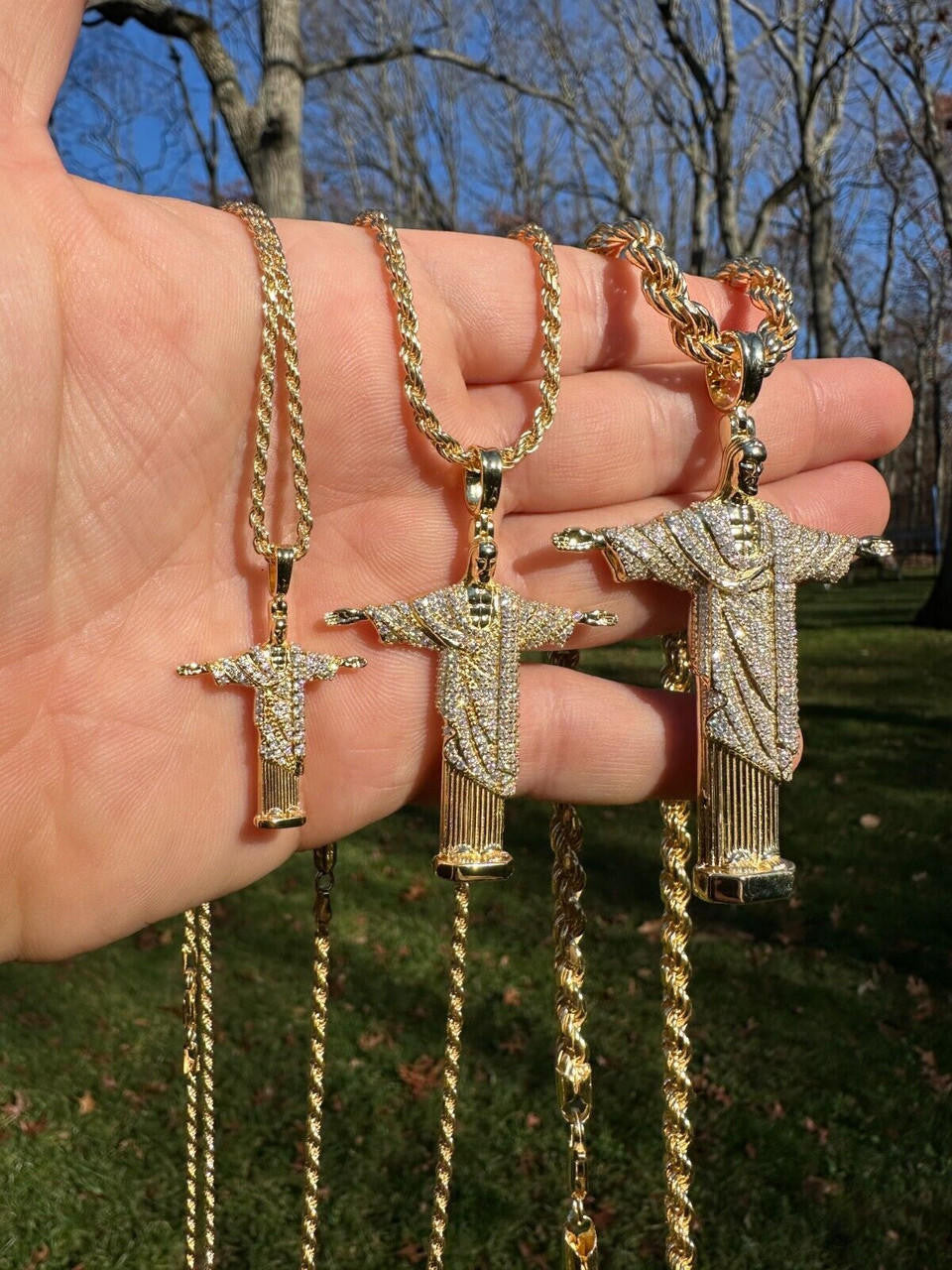 MOISSANITE Christ The Redeemer Pendant - 14k Gold Vermeil 925 Silver - 3 Sizes 1.25"-3"