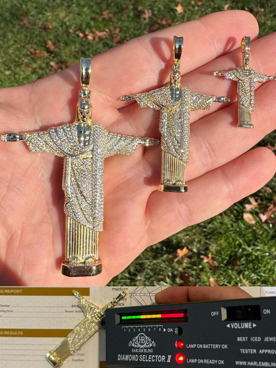 MOISSANITE Christ The Redeemer Pendant - 14k Gold Vermeil 925 Silver - 3 Sizes 1.25"-3"