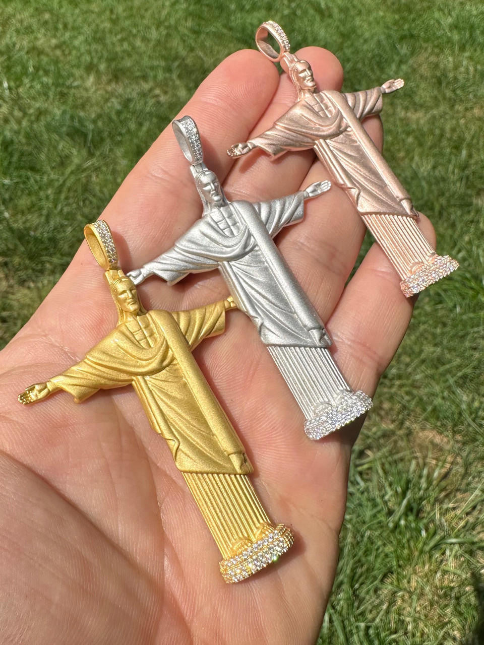 MOISSANITE Christ The Redeemer 925 Silver/ Yellow Rose Gold Necklace Jesus Piece