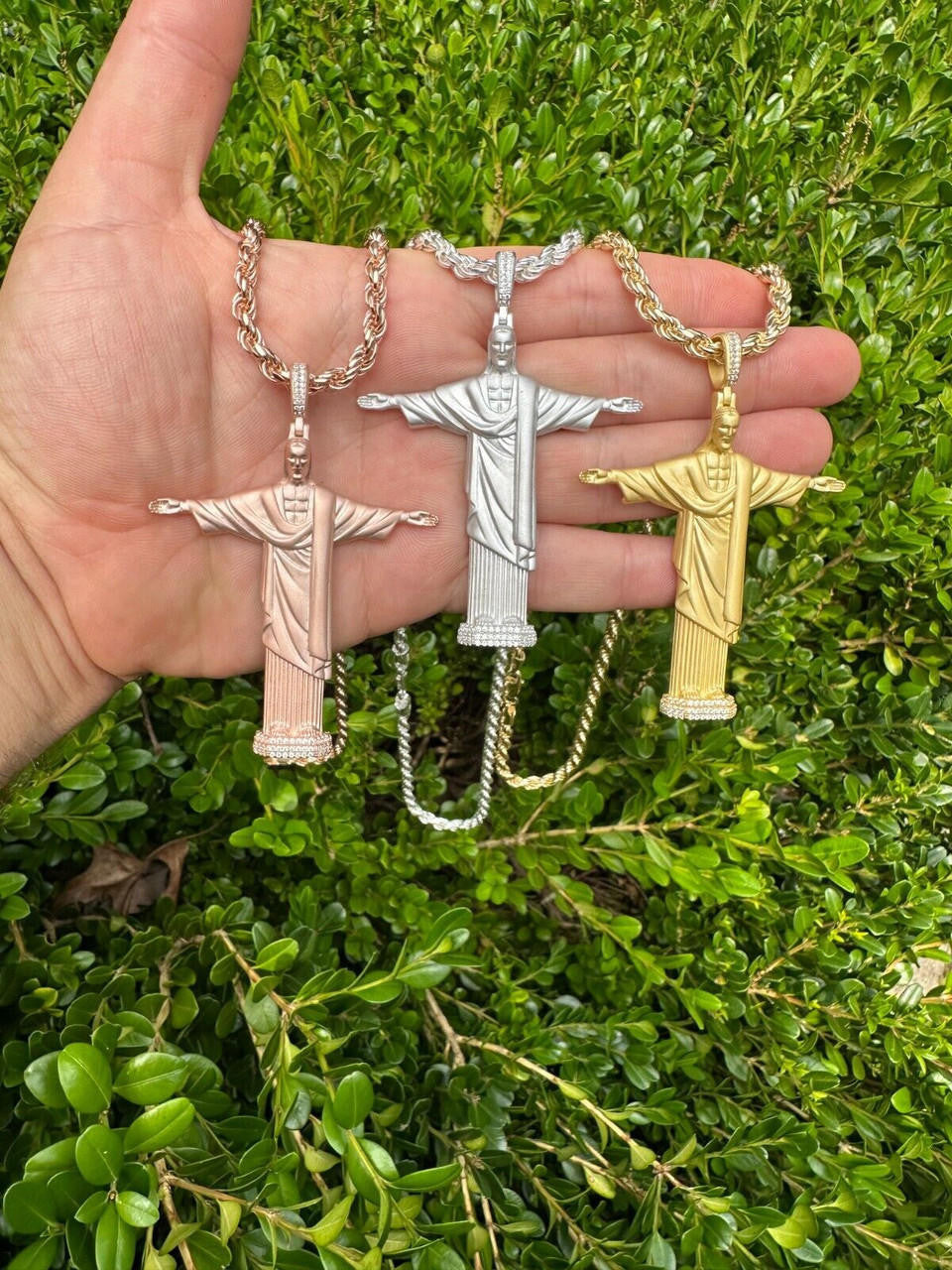 MOISSANITE Christ The Redeemer 925 Silver/ Yellow Rose Gold Necklace Jesus Piece