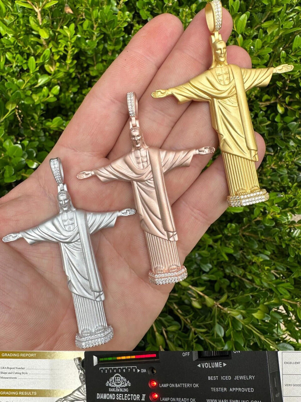 MOISSANITE Christ The Redeemer 925 Silver/ Yellow Rose Gold Necklace Jesus Piece