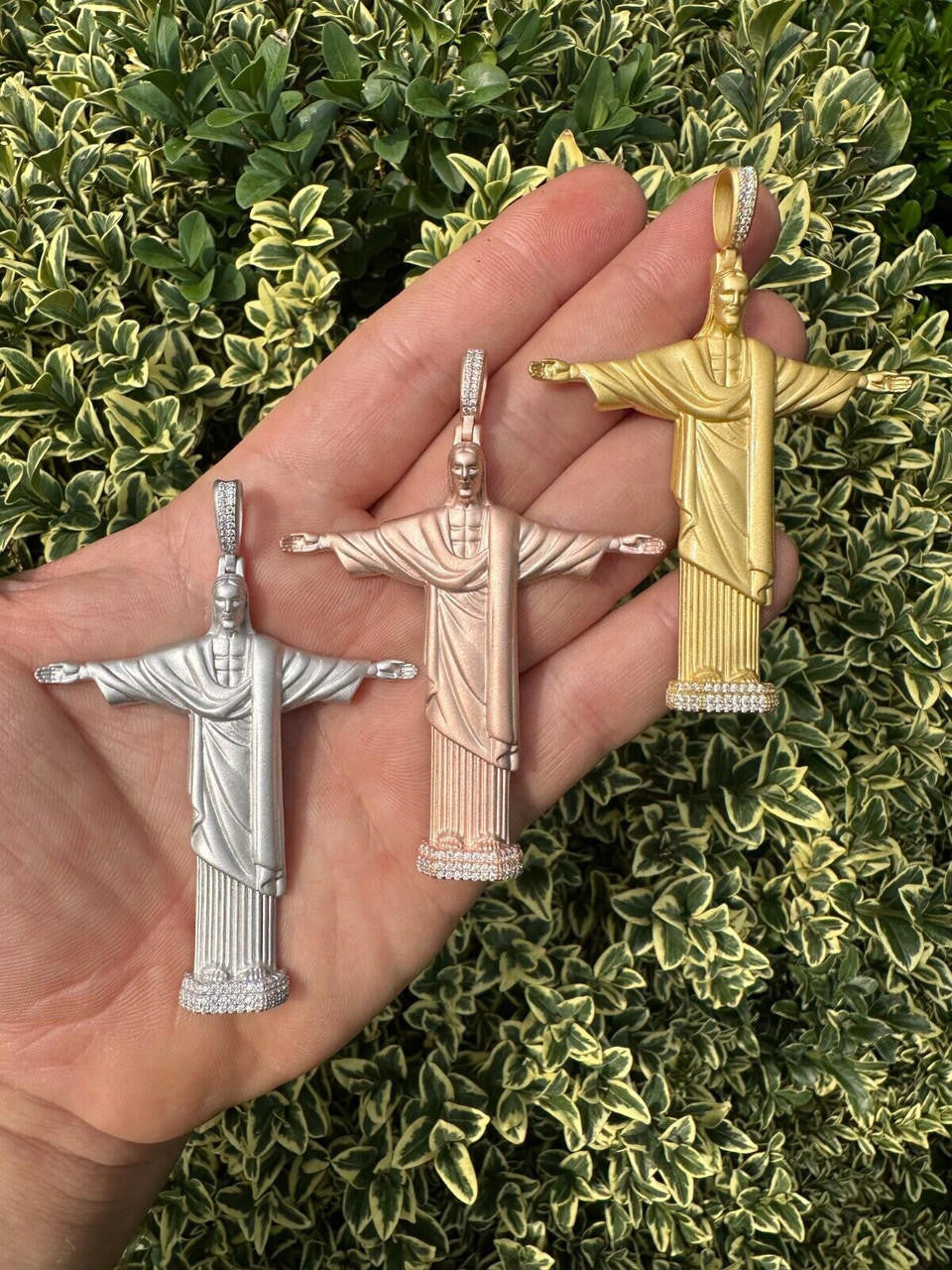 MOISSANITE Christ The Redeemer 925 Silver/ Yellow Rose Gold Necklace Jesus Piece