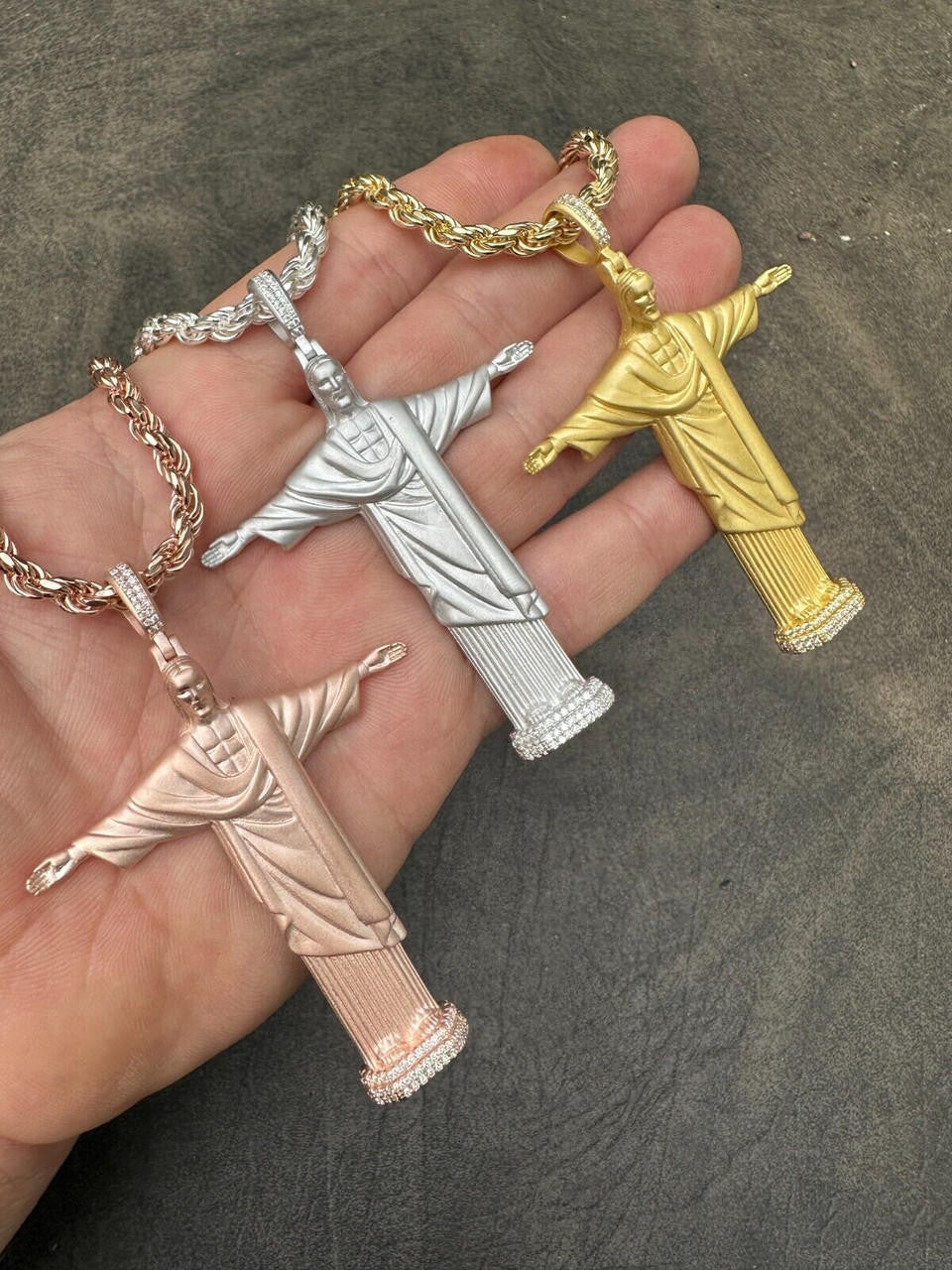 MOISSANITE Christ The Redeemer 925 Silver/ Yellow Rose Gold Necklace Jesus Piece