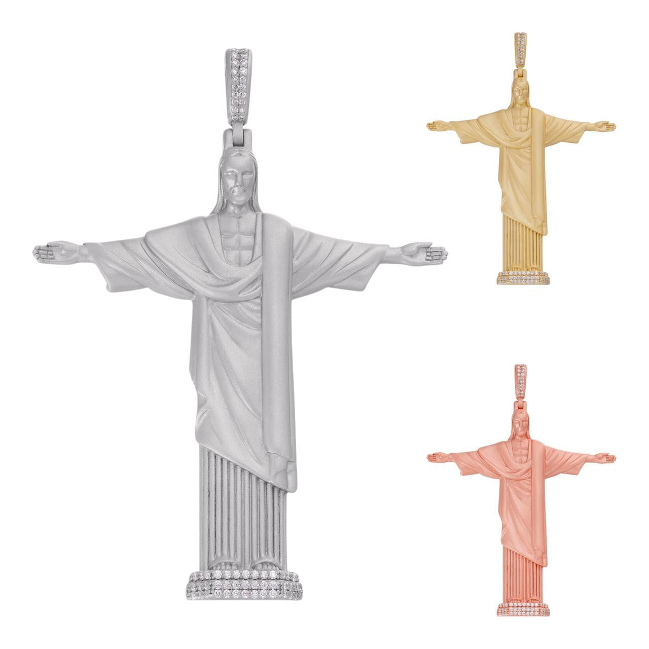 MOISSANITE Christ The Redeemer 925 Silver/ Yellow Rose Gold Necklace Jesus Piece
