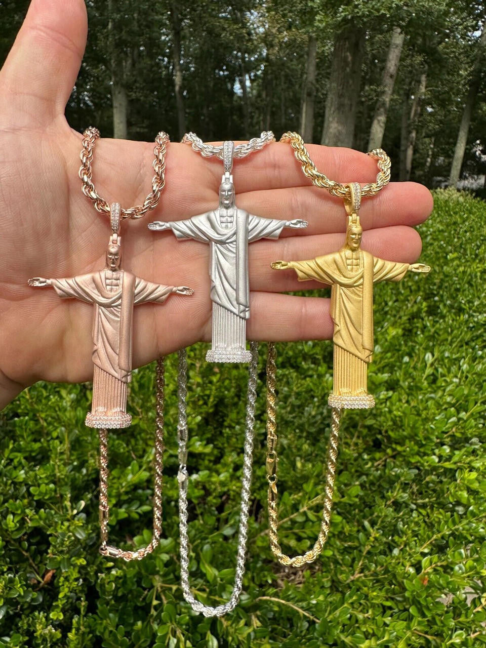 MOISSANITE Christ The Redeemer 925 Silver/ Yellow Rose Gold Necklace Jesus Piece