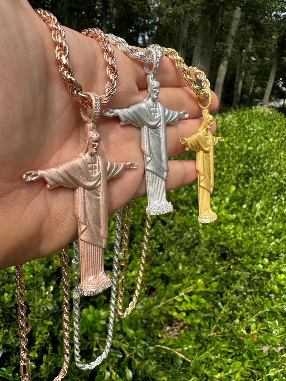MOISSANITE Christ The Redeemer 925 Silver/ Yellow Rose Gold Necklace Jesus Piece