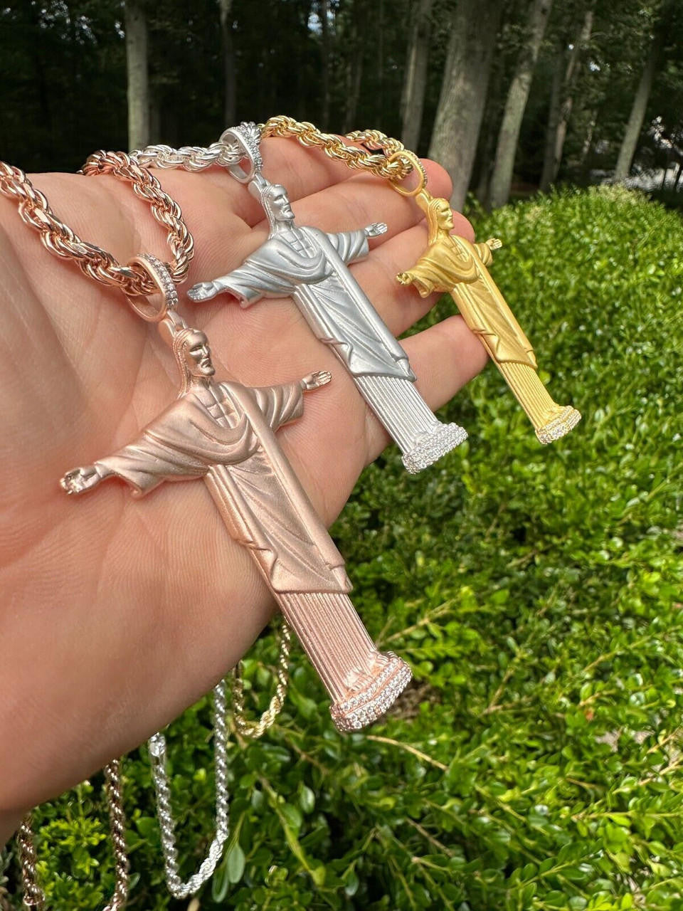 MOISSANITE Christ The Redeemer 925 Silver/ Yellow Rose Gold Necklace Jesus Piece