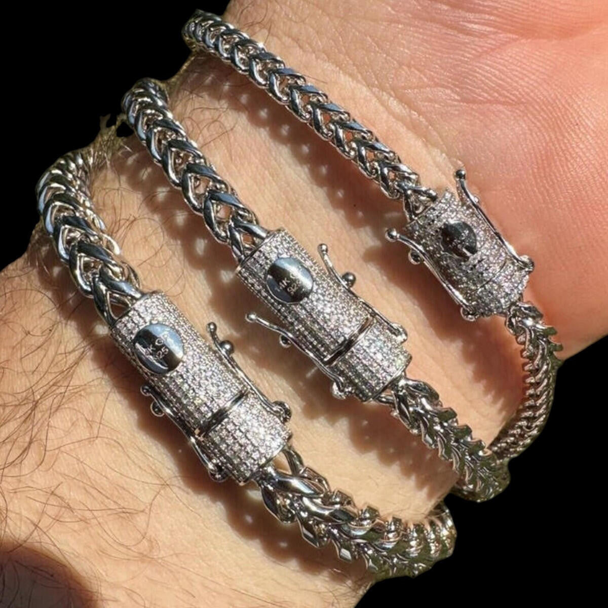 MOISSANITE CLASP Franco Bracelet - Stainless Steel W. 925 Silver Clasp - 7.5"-8.5" - 4mm-6mm