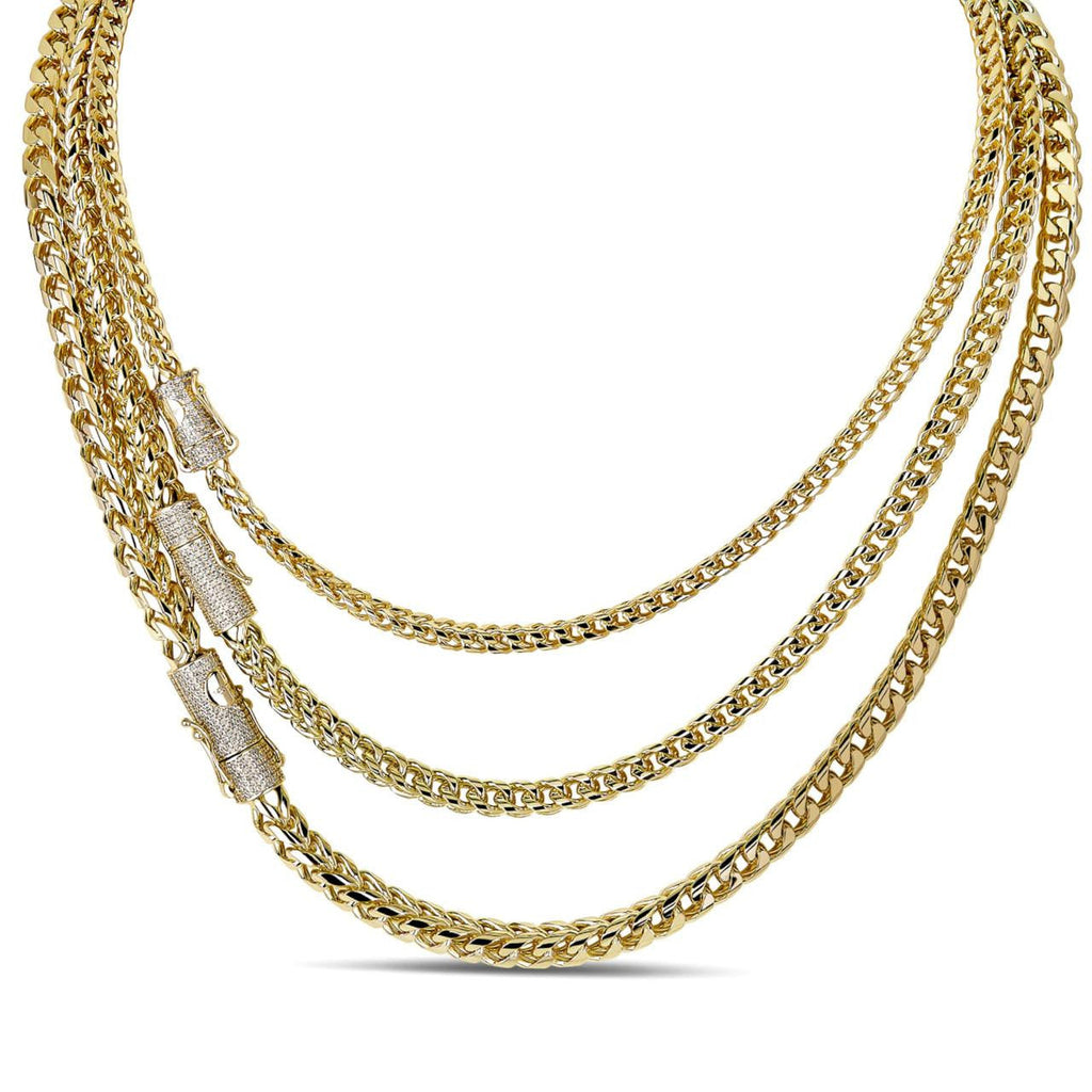 MOISSANITE CLASP Franco Chain Necklace - 14k Gold Plated Stainless Steel - 18"-30" - 4mm-6mm