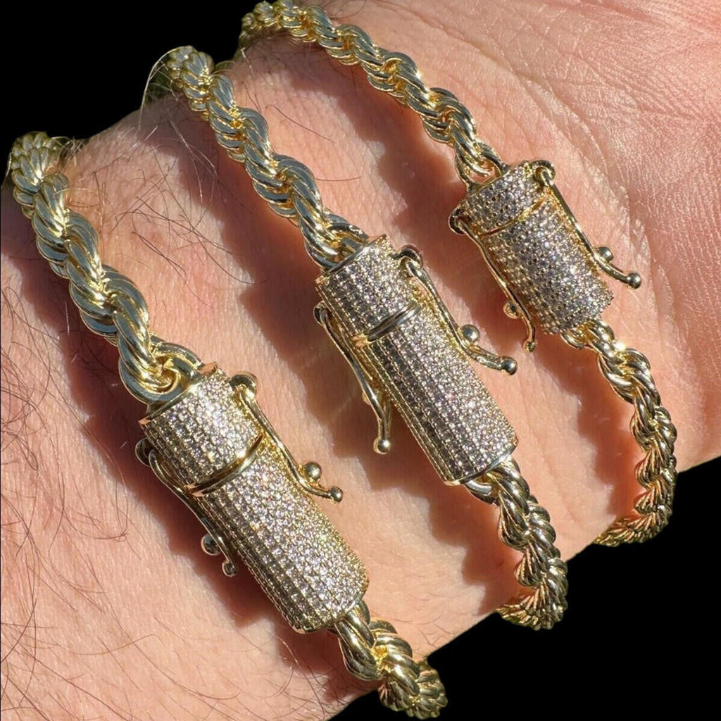 MOISSANITE CLASP Rope Bracelet - 14k Gold Plated Stainless Steel - 7.5"-8.5" - 4mm-6mm