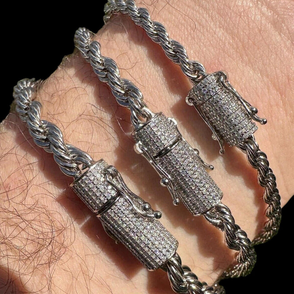 MOISSANITE CLASP Rope Bracelet - Stainless Steel W. 925 Silver Clasp - 7.5"-8.5" - 4mm-6mm