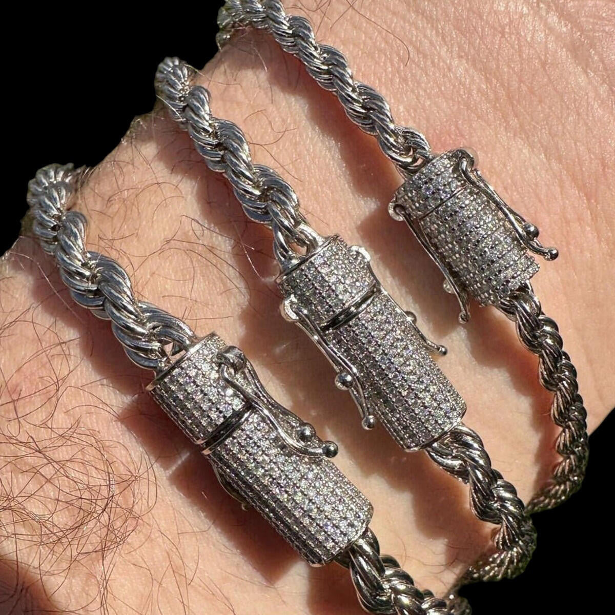 MOISSANITE CLASP Rope Bracelet - Stainless Steel W. 925 Silver Clasp - 7.5"-8.5" - 4mm-6mm