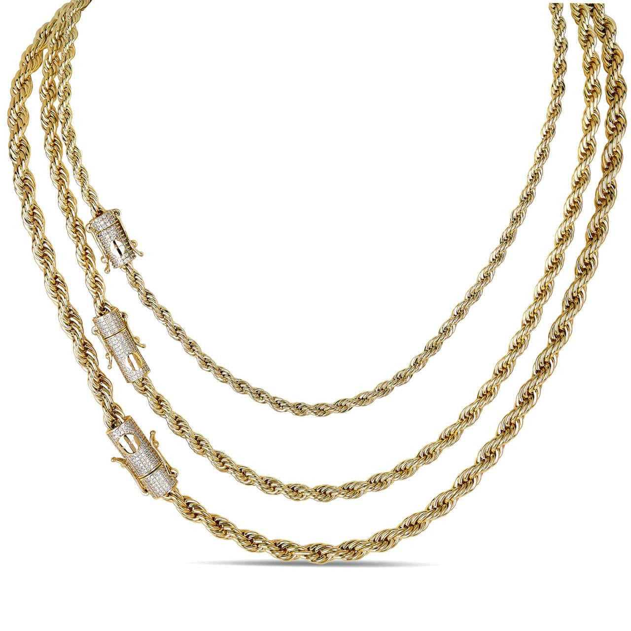 MOISSANITE CLASP Rope Chain Necklace - 14k Gold Plated Stainless Steel - 18"-30" - 4mm-6mm