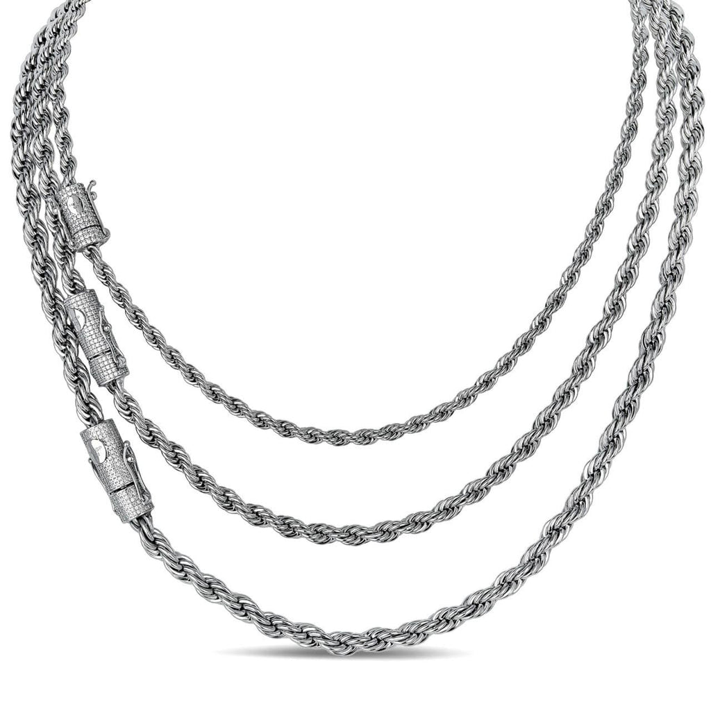 MOISSANITE CLASP Rope Chain Necklace - Stainless Steel W. 925 Silver Clasp - 18"-30" - 4mm-6mm