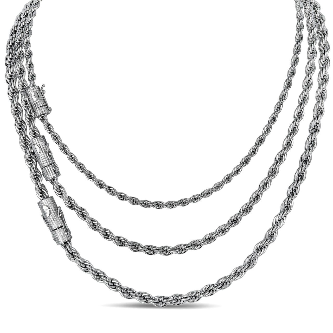 MOISSANITE CLASP Rope Chain Necklace - Stainless Steel W. 925 Silver Clasp - 18"-30" - 4mm-6mm