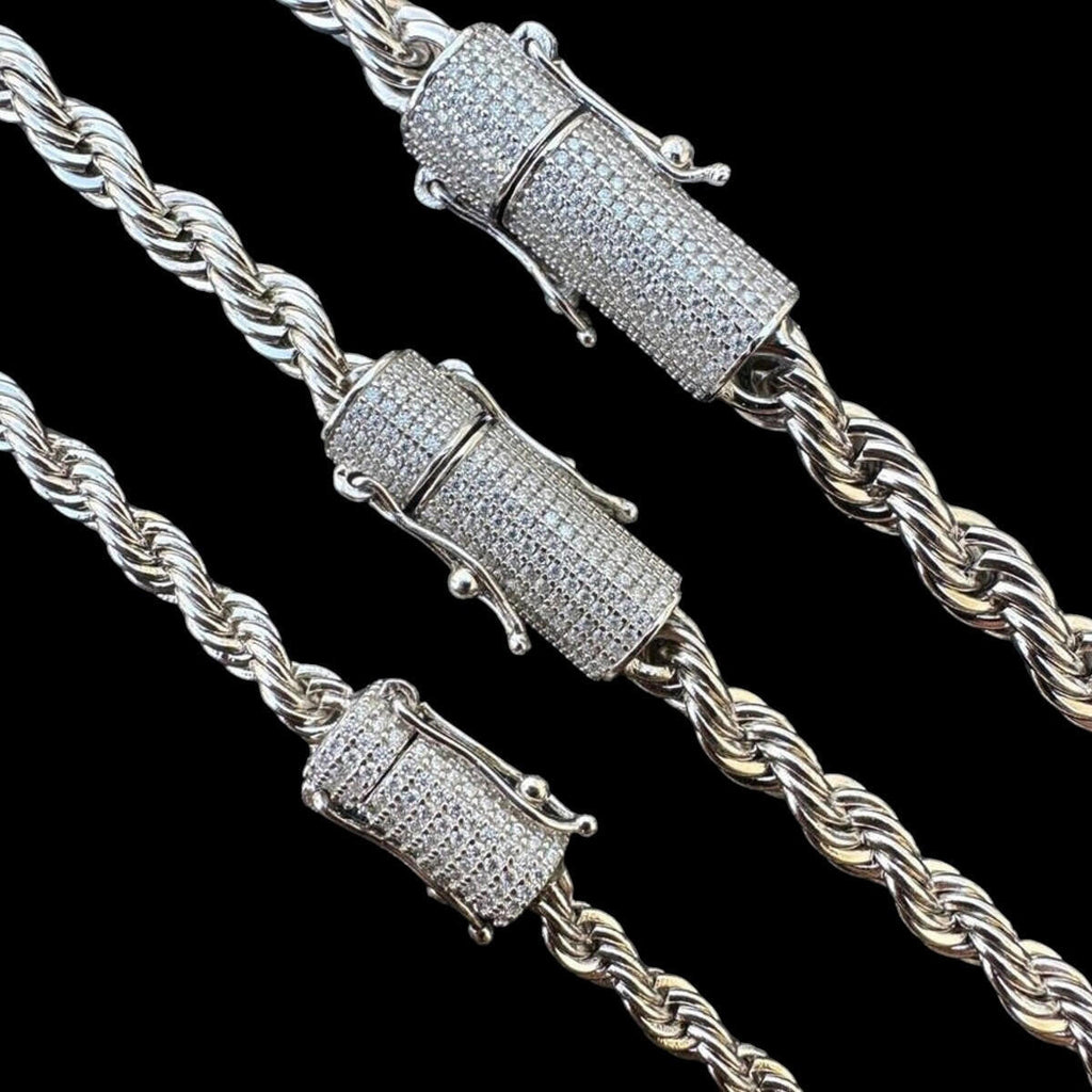 MOISSANITE CLASP Rope Chain Necklace - Stainless Steel W. 925 Silver Clasp - 18"-30" - 4mm-6mm
