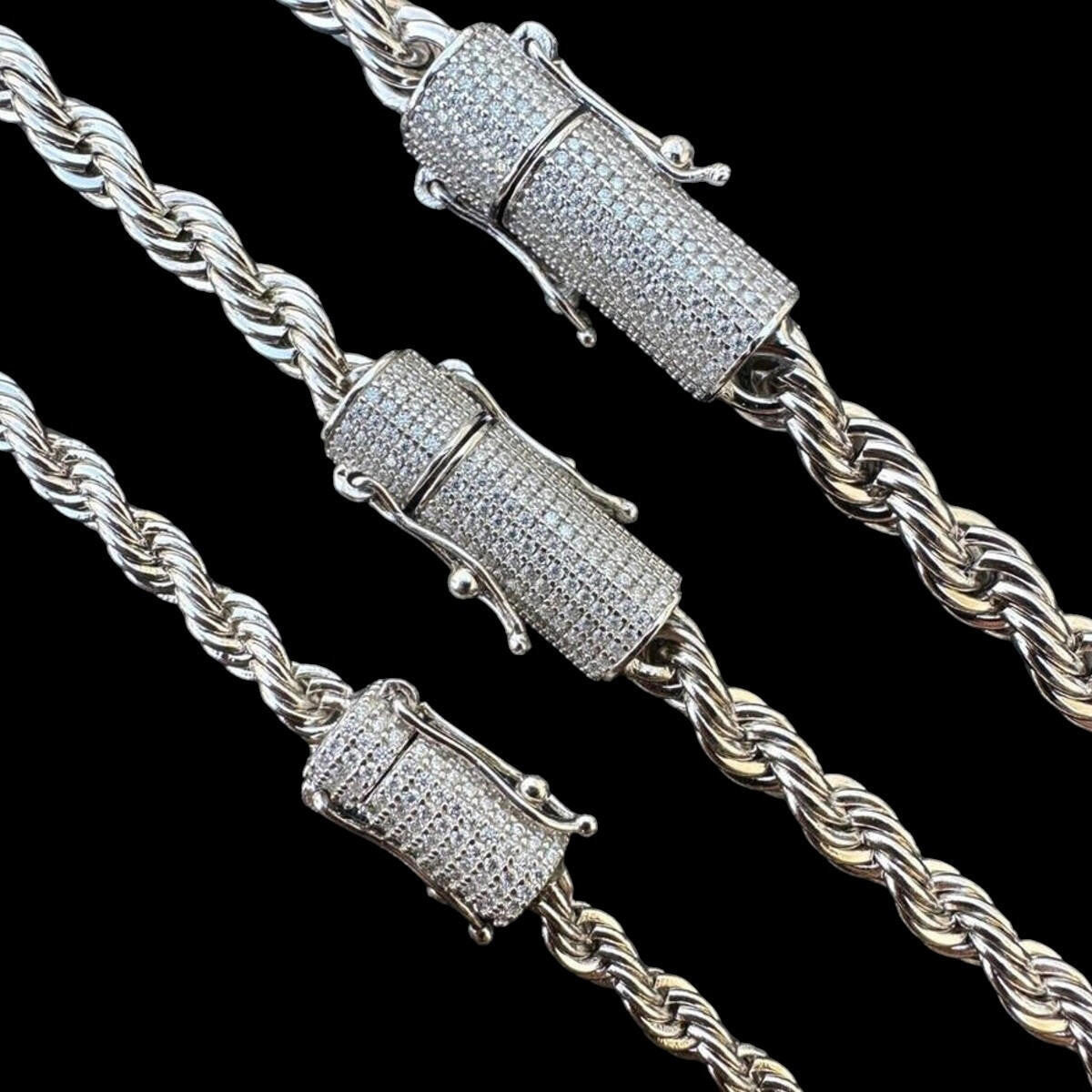 MOISSANITE CLASP Rope Chain Necklace - Stainless Steel W. 925 Silver Clasp - 18"-30" - 4mm-6mm