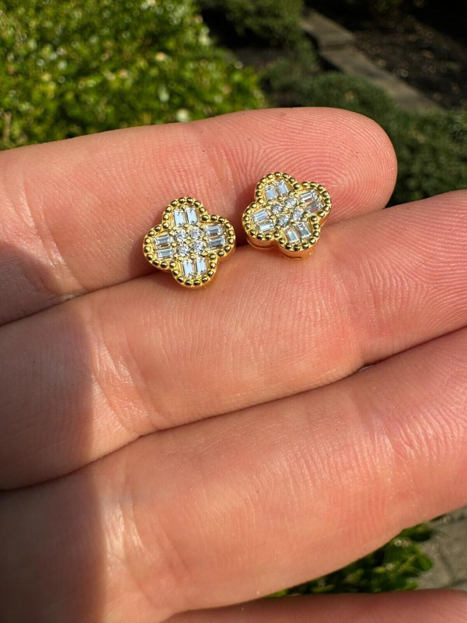 MOISSANITE Classic Clover Iced Out Earrings - 14k Gold Vermeil 925 Silver - 10mm